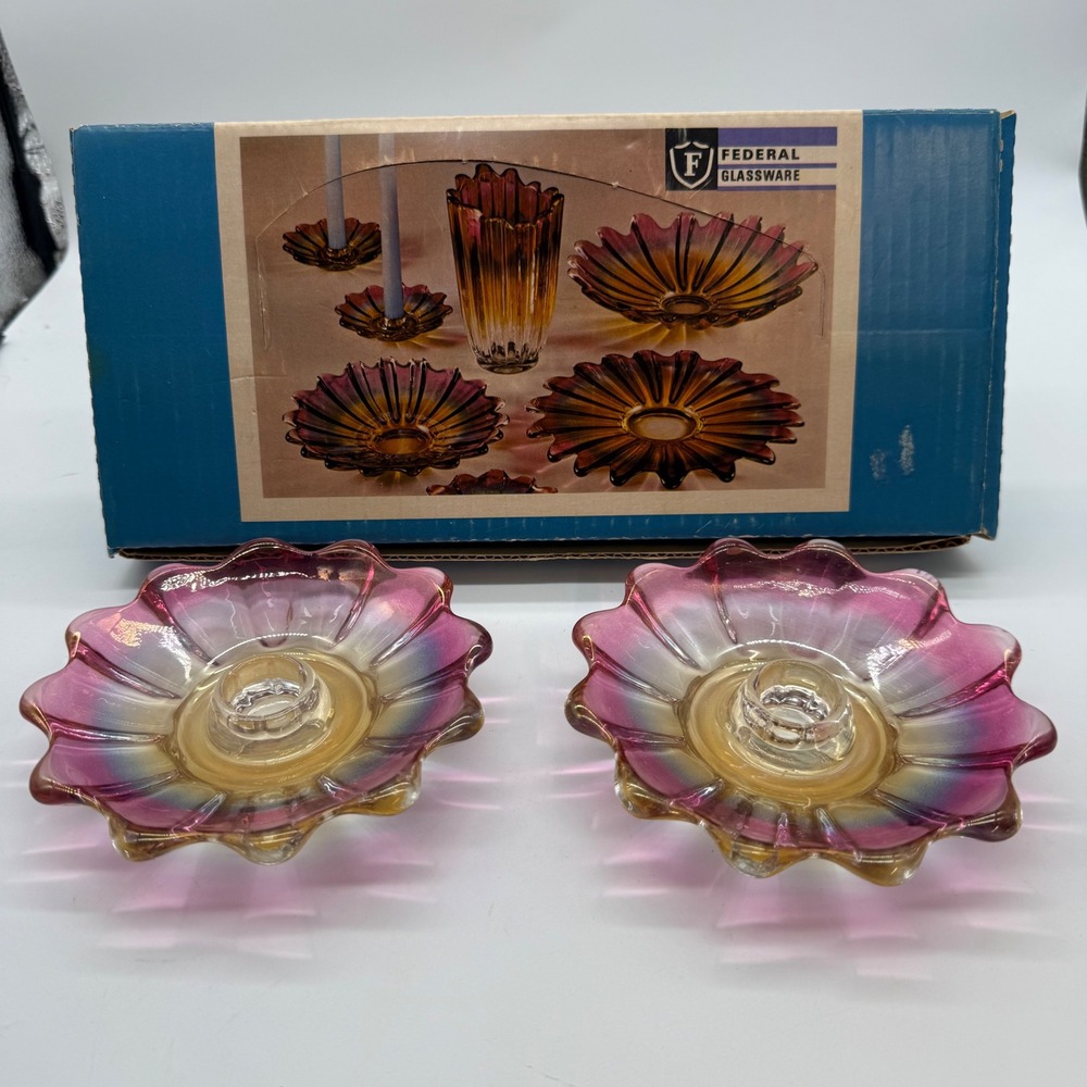 Federal Glassware Iridescent Pink Purple Scalloped Petal Candle Holder Set of 2